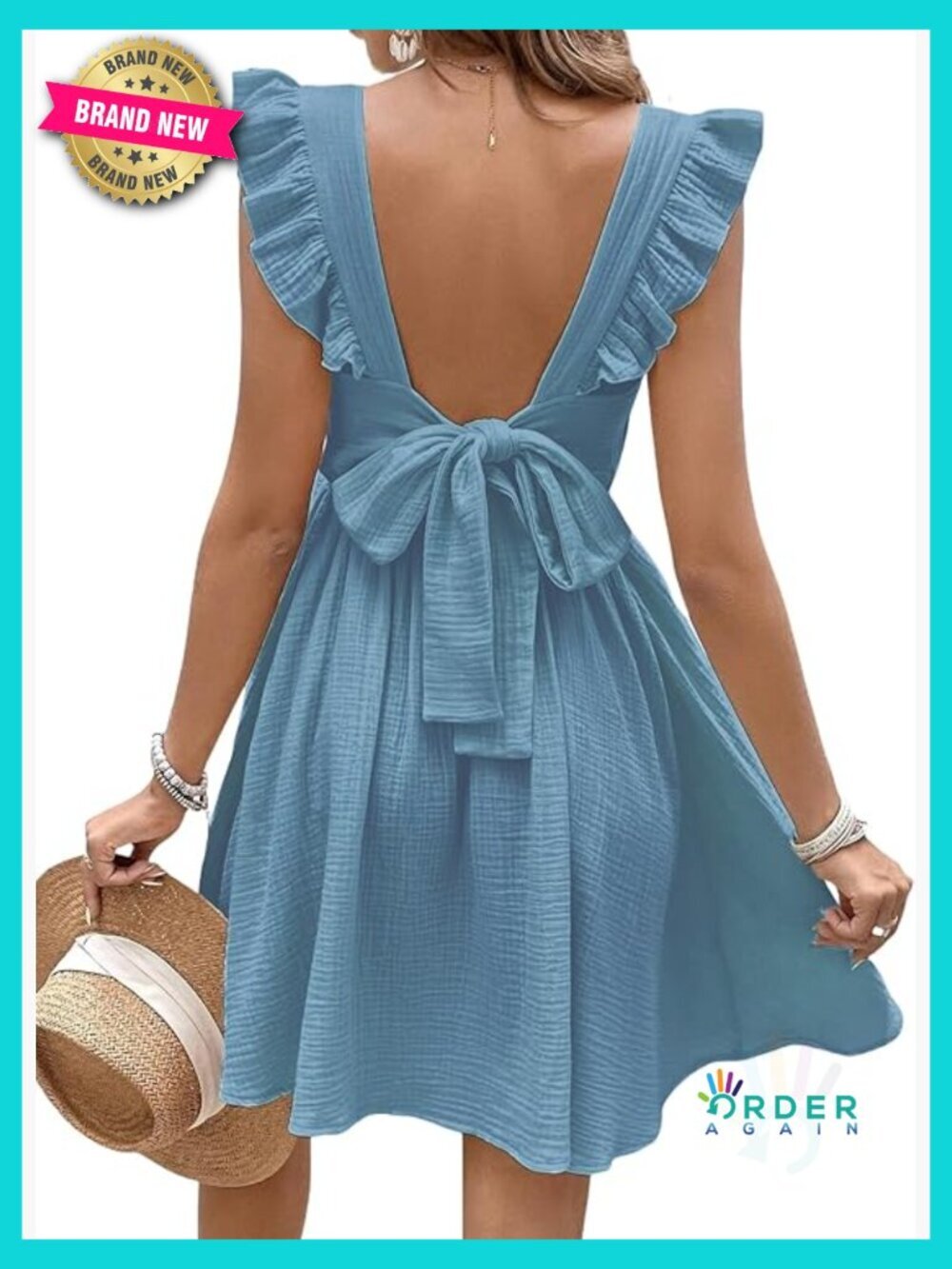 Flutter Sleeve V Neck Mini A Line Beach Cover Up Dress Summer Casual Retro